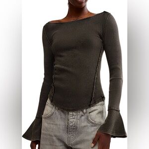 Free People Charcoal Ribbed Flare Sleeve Top